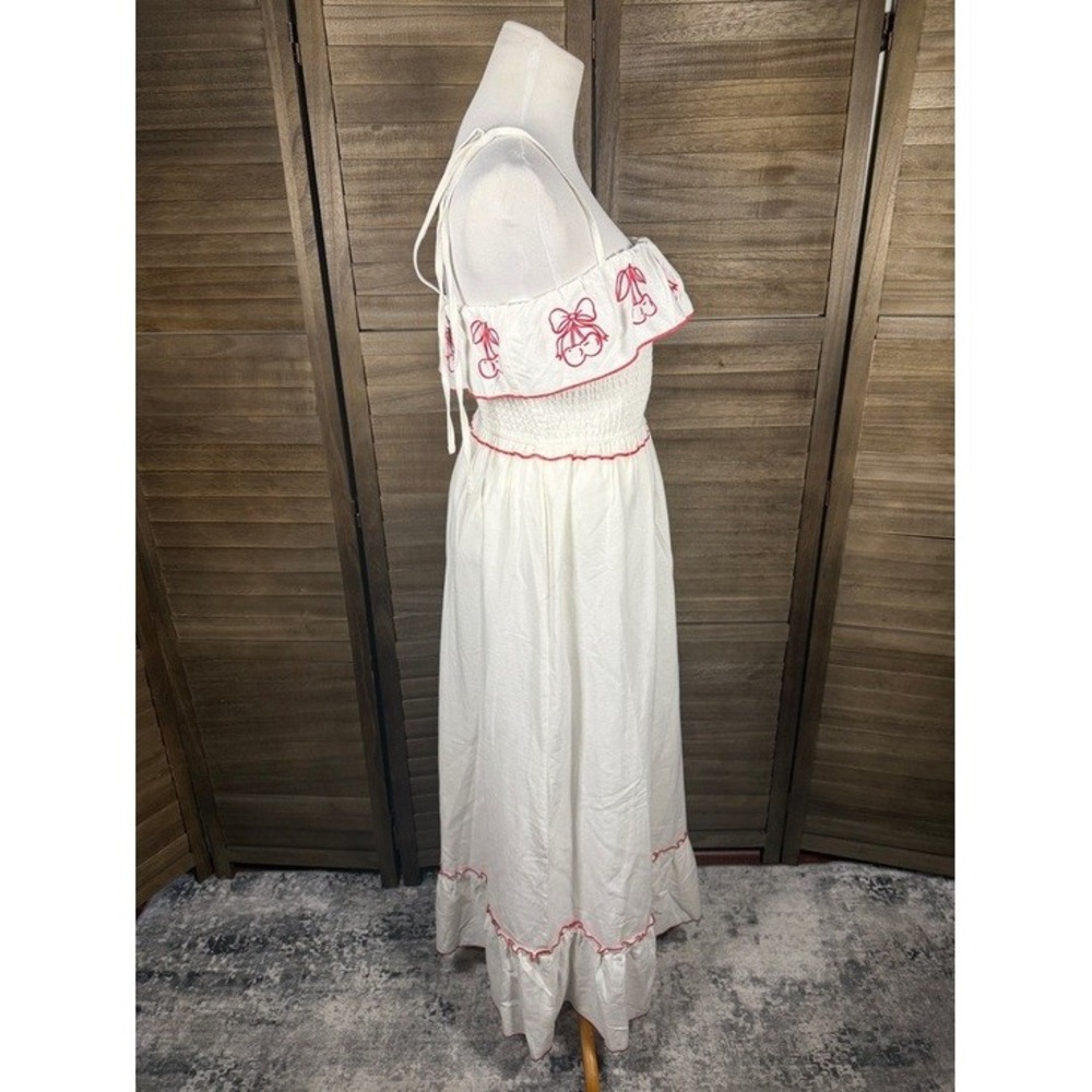 Thirty/Thirty L/A Cherry Embroidered Smocked Maxi Dress White Red XS NEW - Picture 7 of 10